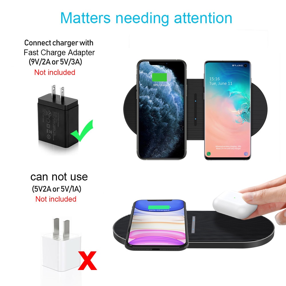 20W Qi Dual Wireless Charger Mat for iPhone 13 12 11 XS XR X 8 Airpods Pro 2 in 1 Fast Charging Pad Station For Samsung S21 S20