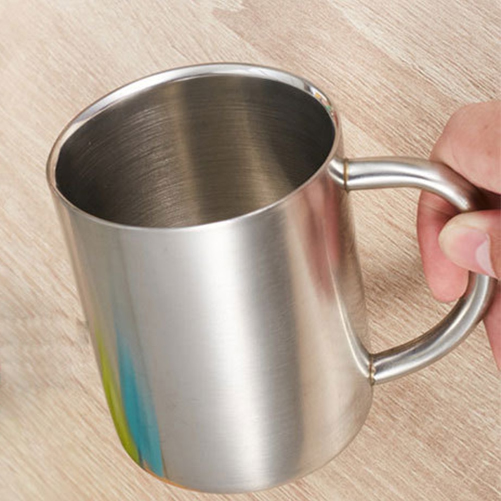 1pc Comfortabele handvat Zilver Dubbele Muur Roestvrij Staal Draagbare Mok Tumbler Thee Cup voor Reizen 220ml 300ml 400ml