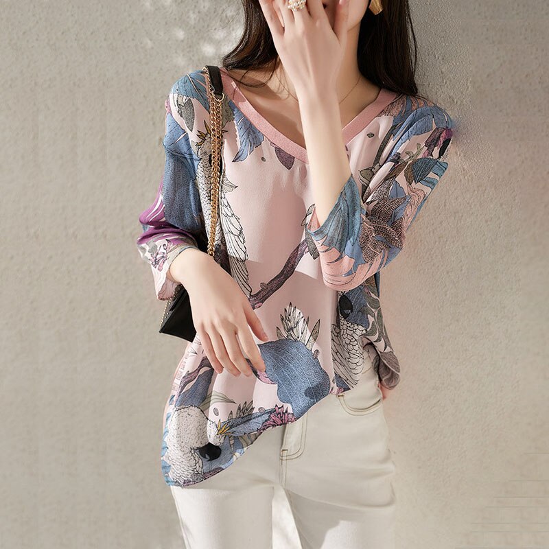 GRMLRPT Dames tops met lange mouwen lente blouses T-shirts V-hals tuniek tops bedrukte blouse elegant casual shirt (veelkleurig, S-XXL), A-zwart, S
