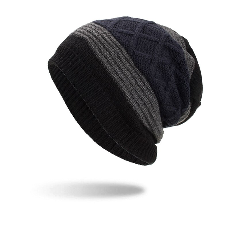 Mænds vinterhue strikkede sorte huer efterårshue tykkere varm ski vandrehjelm skullies hue bløde strikbeanies: Sort