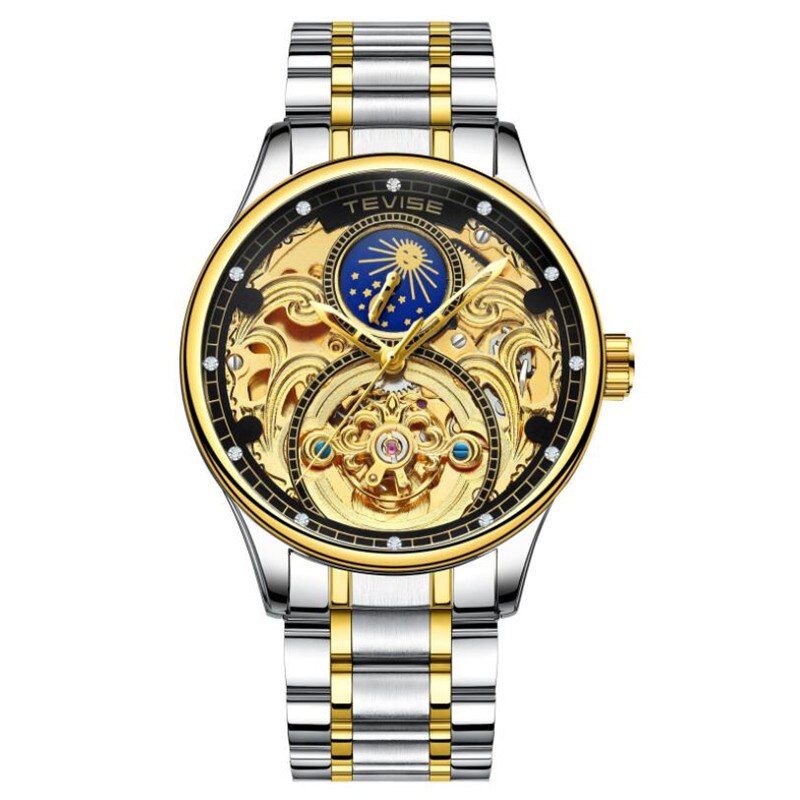 Montre TEVISE phase de lune tourbillon creux automatique mécanique en acier inoxydable poignet hommes montres main bracelet montre: Color 02