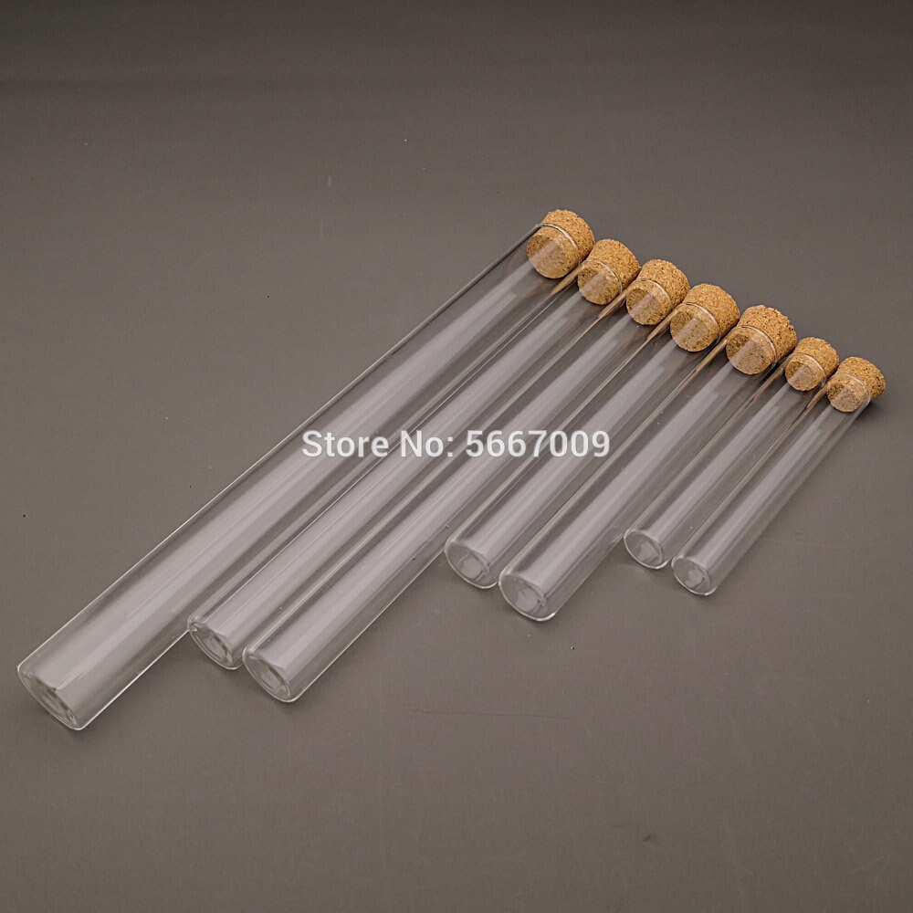 Tubo de ensayo de vidrio transparente para laboratorio, contenedor de Vial de fondo plano con tapones de corcho, diámetro de 12mm, 13mm, 15mm y 18mm, 20 unids/lote