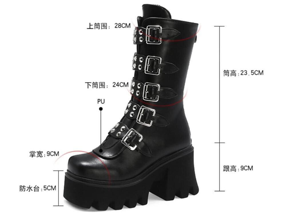 Botas de plataforma estilo gótico Punk para mujer, zapatos de media pantorrilla con cuña y cremallera, botas militares de combate, para invierno, con correa de Hebilla negra