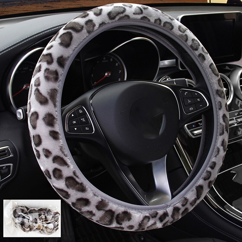 Léopard couverture de volant impression peluche Section élastique voiture volant tresse couverture Auto bricolage accessoires de voiture anti-dérapant doux: Gray