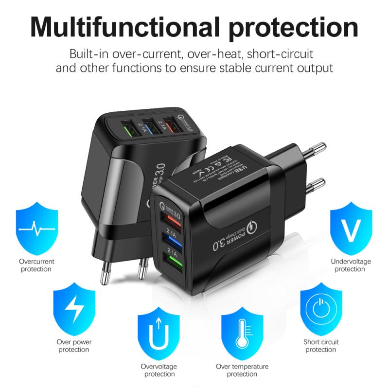 Cargador luminoso 3USB 2.4A para teléfono inteligente, cargador de paso para tableta, cargadores de teléfono móvil, telecomunicaciones