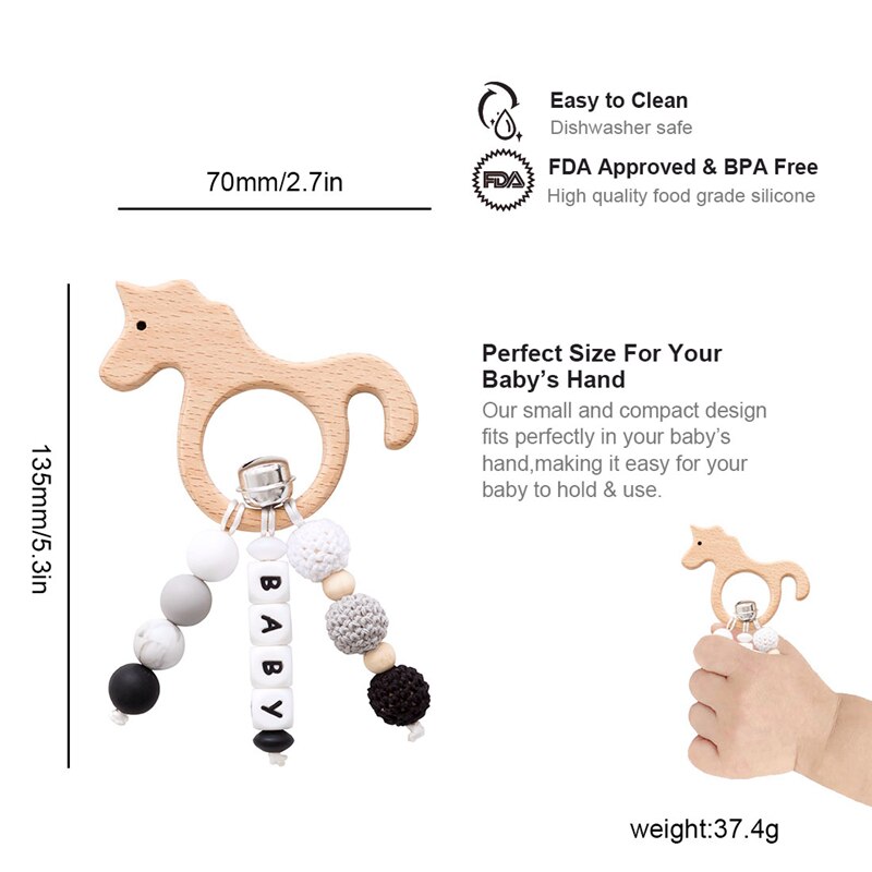1pc Del bambino Sonaglio tamburo di Legno di Faggio Animale Del Fumetto Giocattoli silicone Massaggiagengive per I Denti Perline Personalizzati Nome Del bambino Fatti A Mano Dentizione Giocattoli