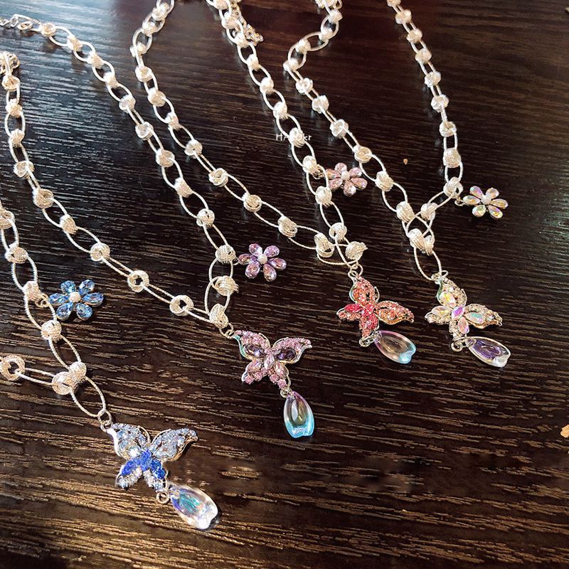 MENGJIQIAO Korean Cute Butterfly Crystal Choker Necklace For Women Metal Chain Collares Jewelry Kolye