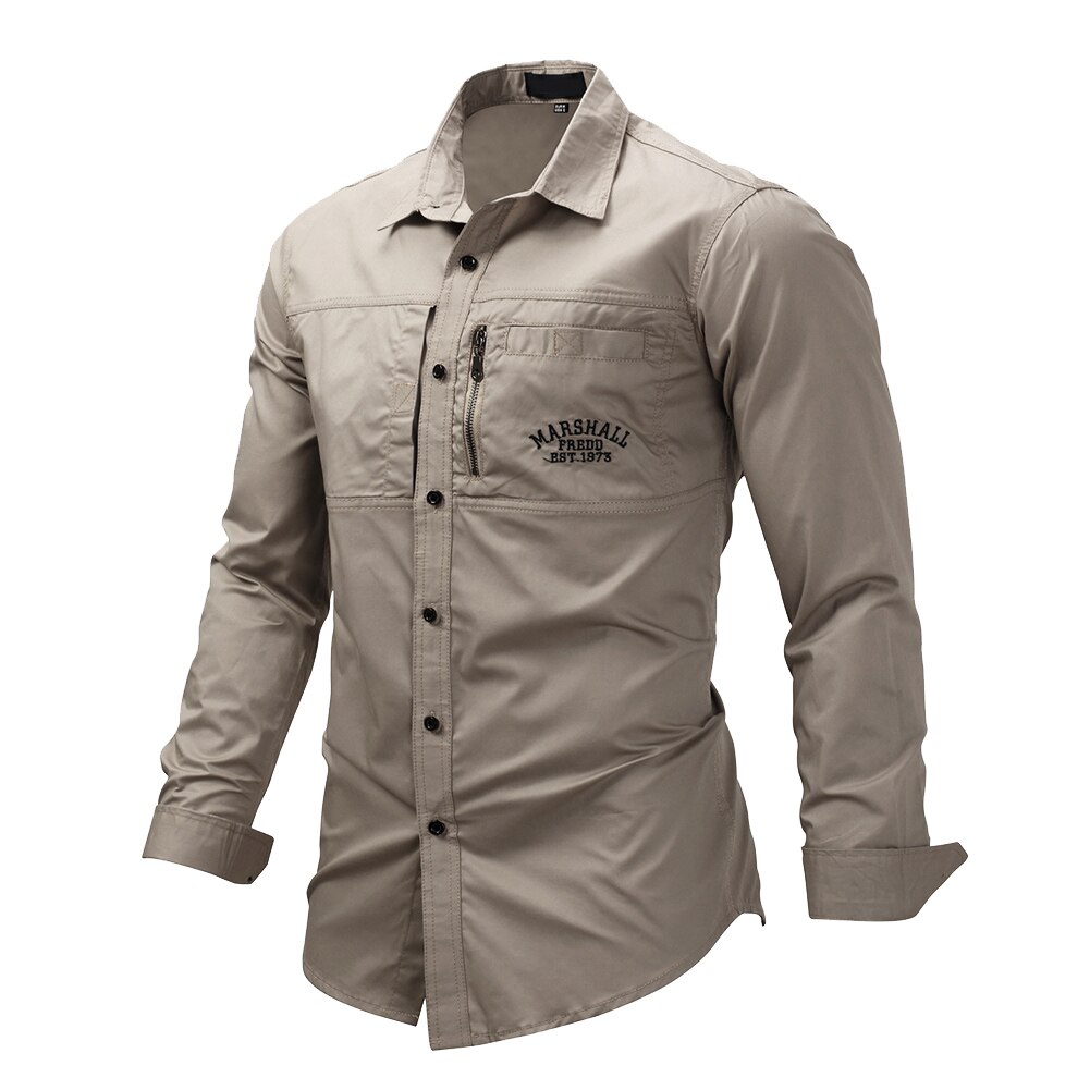 Lente Herfst Mannen Shirt Lange Mouw Effen Kleur Revers Rits Shirt Outdoor Casual Shirt Grote Maat ALS88: L / Khaki