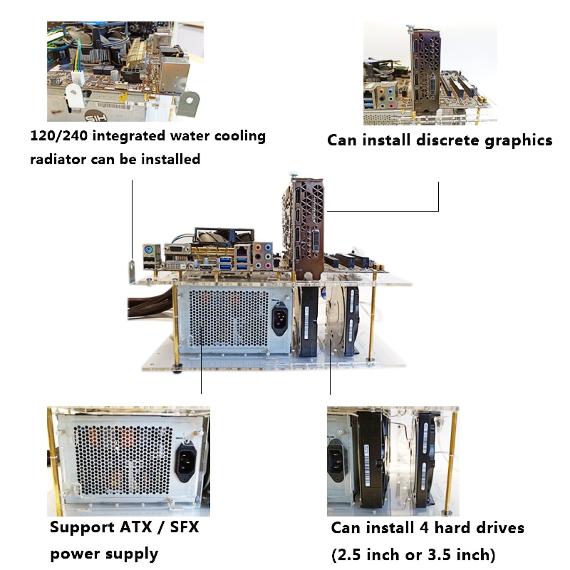 Atx Open Transparant Chassis Desktop Rack 4 Lagen Voor 3.5 2.5 Hard Drive Ondersteuning Atx/Sfx Voeding/waterkoeling Nas