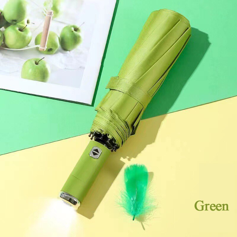 Parapluie pliant automatique à 10 baleines, grand parapluie coupe-vent avec lumière Led, pour femmes, revêtement noir, pour les affaires, Parasol: vert militaire