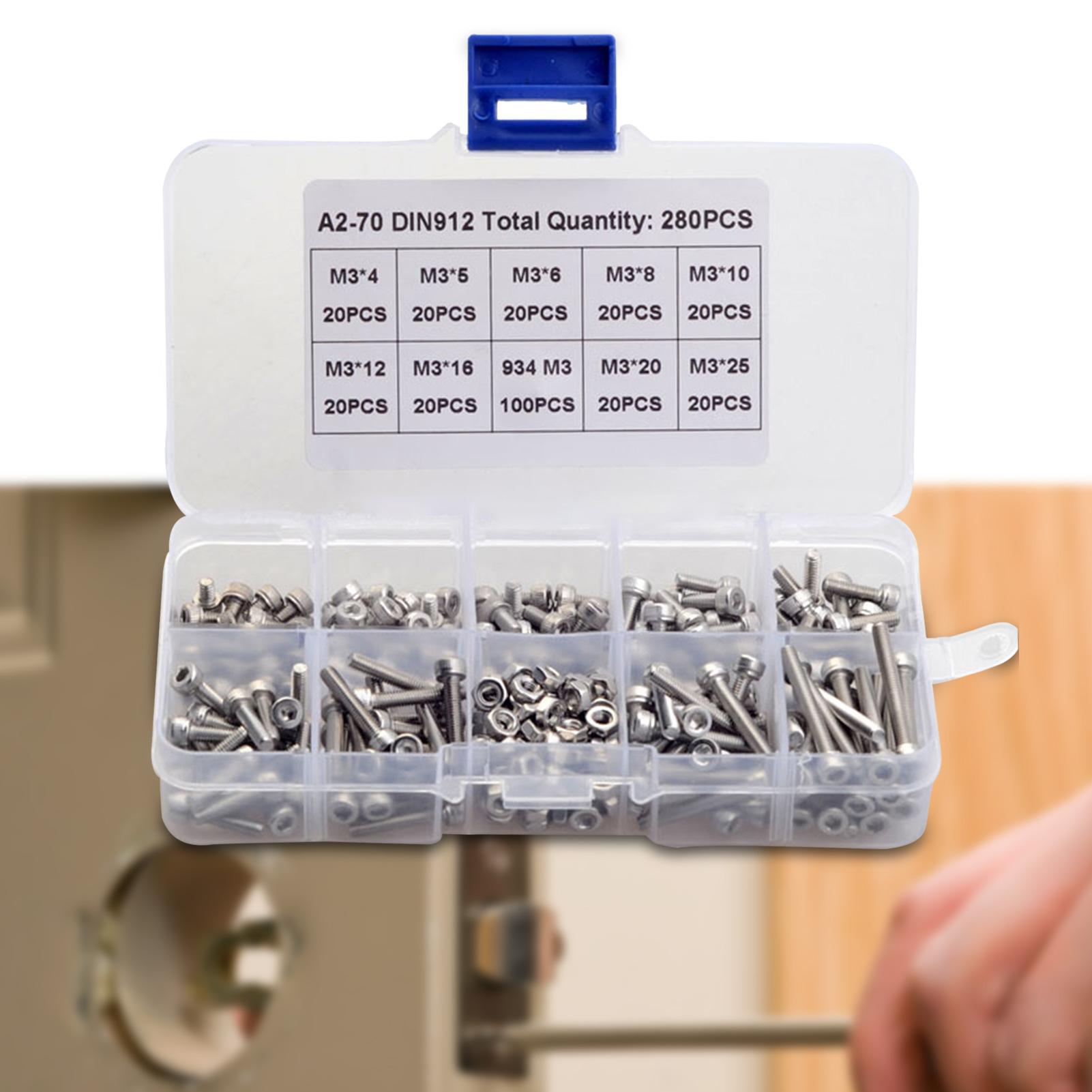 280/380Pcs 304 Stainless Steel M3 Cylindrical Head Hex Socket Cap Bolt Screw Nuts Set Assortment Kit Hardware Tool