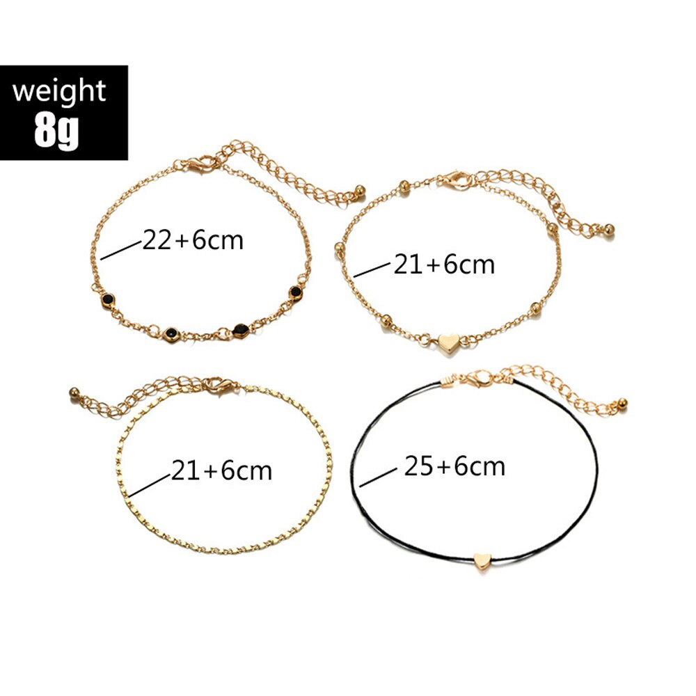 4PCS/Set Boho Gold Color Heart Anklets For Women Black Rope Chain Ankle Bracelet On The Leg Foot Jewelry