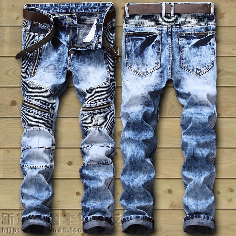Biker Jeans Men's Distressed Stretch Ripped Biker Jeans Men Hip Hop Slim Fit Holes Punk Denim Jeans Cotton Pants