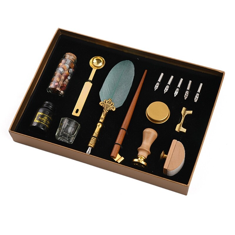 Retro Kalligrafie Quill Veer Dip Pen Met Penpunten Lakzegel Stempel Houder Geschenkdoos 103E