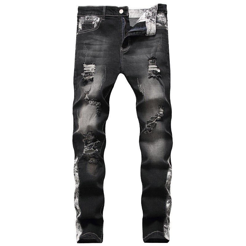 Mannen Denim Jeans Stretch Broek Mannen Koreaanse Stijl Trendy Persoonlijkheid Bedelaar Grote Size Tij Ripped Jeans: black / 40