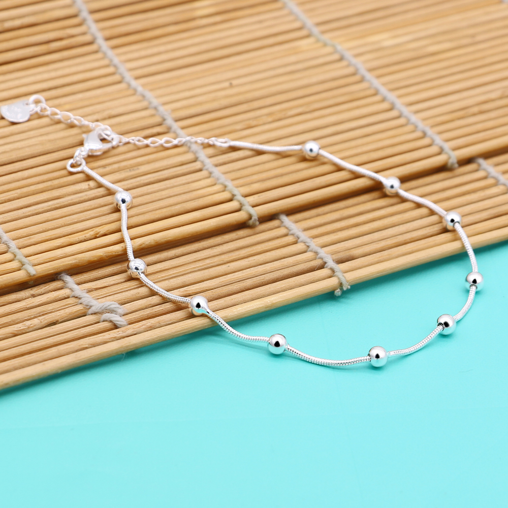 Zomer Mode Sieraden 925 Sterling Zilveren Enkelbandje Vrouwelijke Modellen Eenvoudige Stijl Ronde Kraal Solid Zilveren Voet Ketting Lady &#39;Bijoux