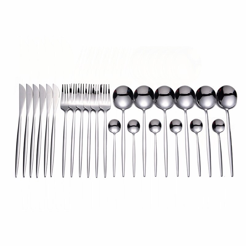 24 pçs conjunto de talheres de ouro 18/10 talheres de aço inoxidável conjunto faca garfo colher conjunto de utensílios de mesa máquina de lavar louça louça segura conjunto caixa de presente: silver