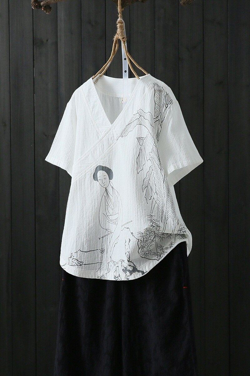 Katoen Linnen Chinese Zomer Blouses Zomer Shirt Korte Mouw Oosterse Cheongsam Tops Traditionele Chinese Kleding 10382