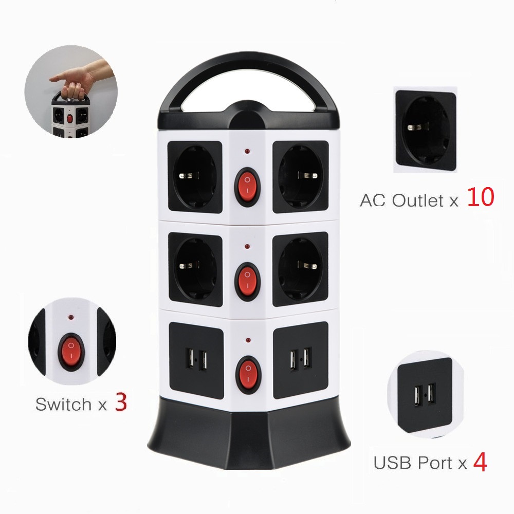 TESSAN EU Plug Stekkerdoos Multi Plug USB Socket met Schakelaar en 5/6. 5 ft Verlengsnoer