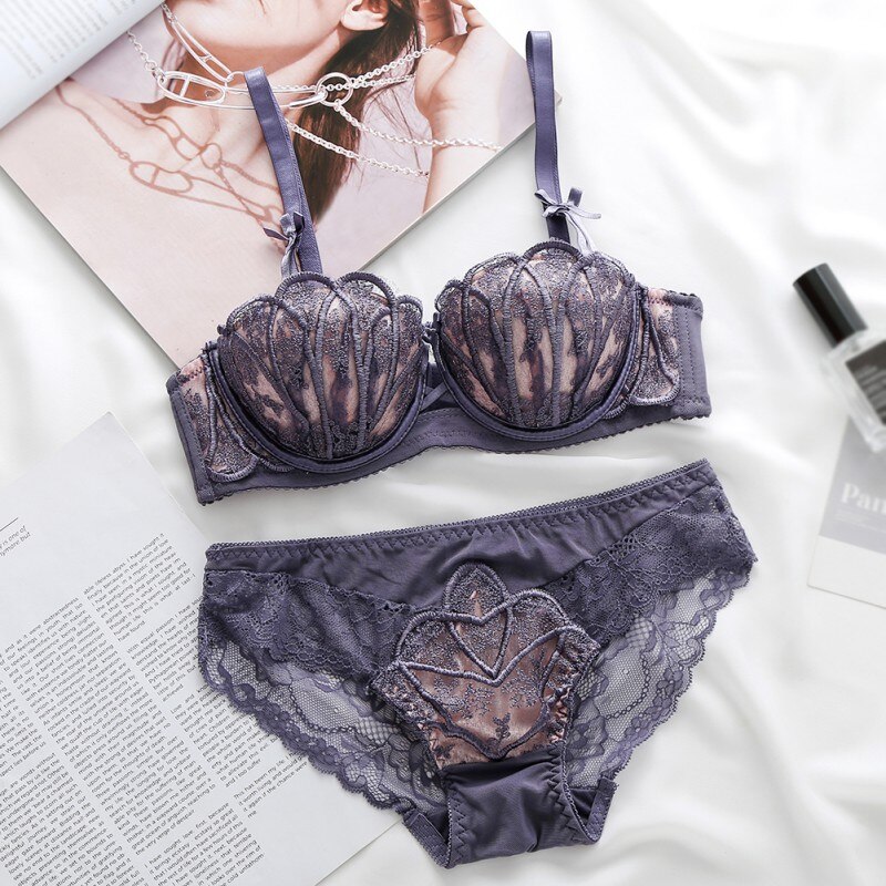 Women Lace Embroidery Shell Bra Sets Sexy Lingerie Bra Sets Push Up Brassieres Lady Suits: Purple / 85B