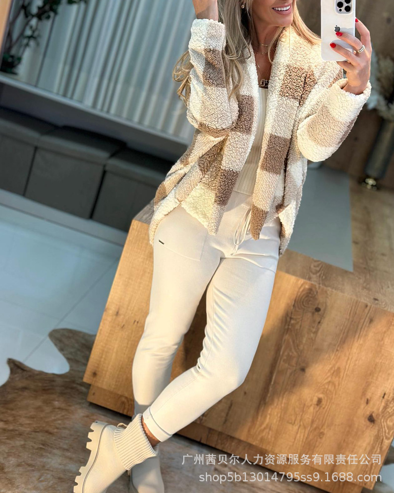 Damesjas Kaki herfst- en winterfleece geruit patroon Casual vest met vleermuismouwen voor dames: L