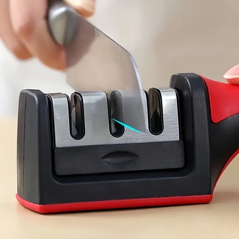 Afilador de cuchillos de cocina de 3 segmentos, multifuncional, de mano, de 3 usos, piedra afiladora negra, utensilio para cuchillos de cocina