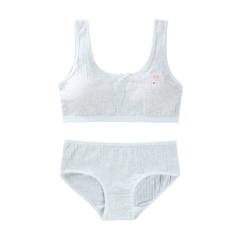 Teens Girls 2Pcs Underwear Set Cute Bear Print Bow Padded Training Bra Panties: Gray