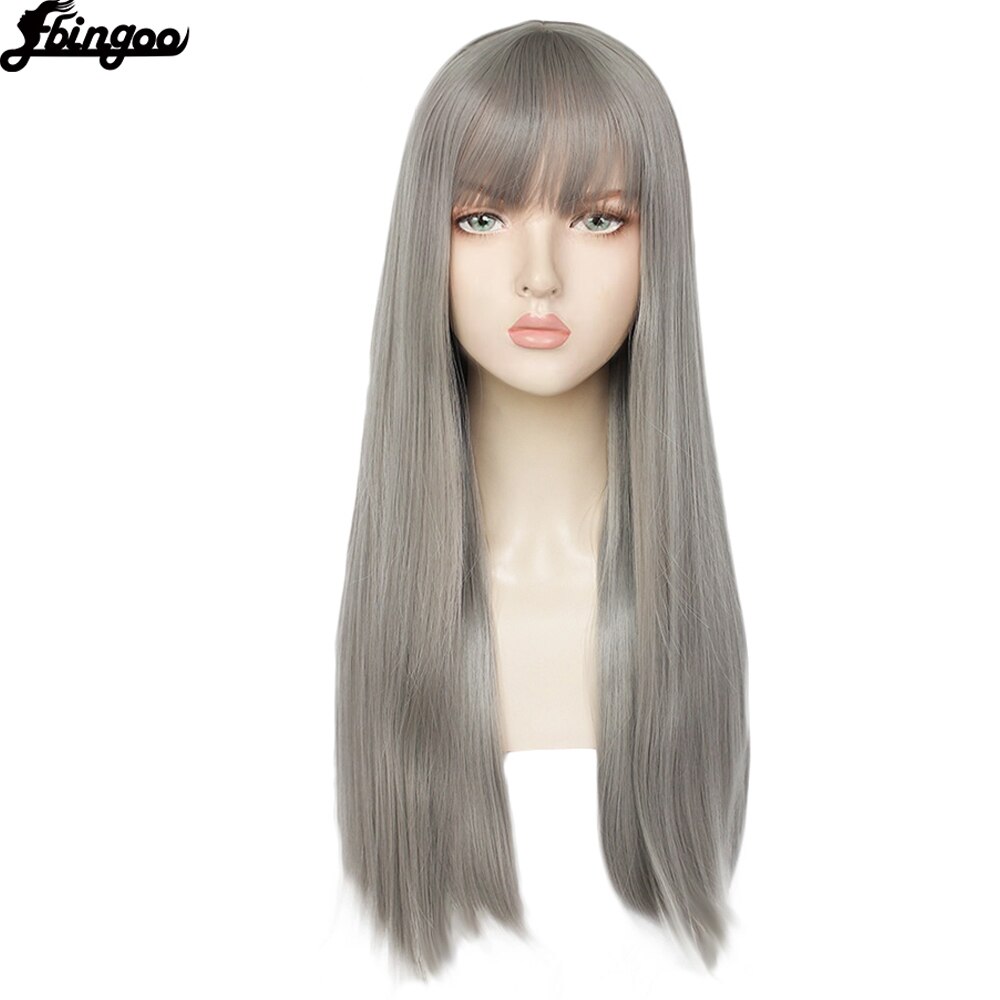 Ebingoo】-gorro de pelo + fibra blanca de alta temperatura, peluca larga de pelo sintético con flequillo para mujer, color blanco, gris, marrón y rosa: DM1707541