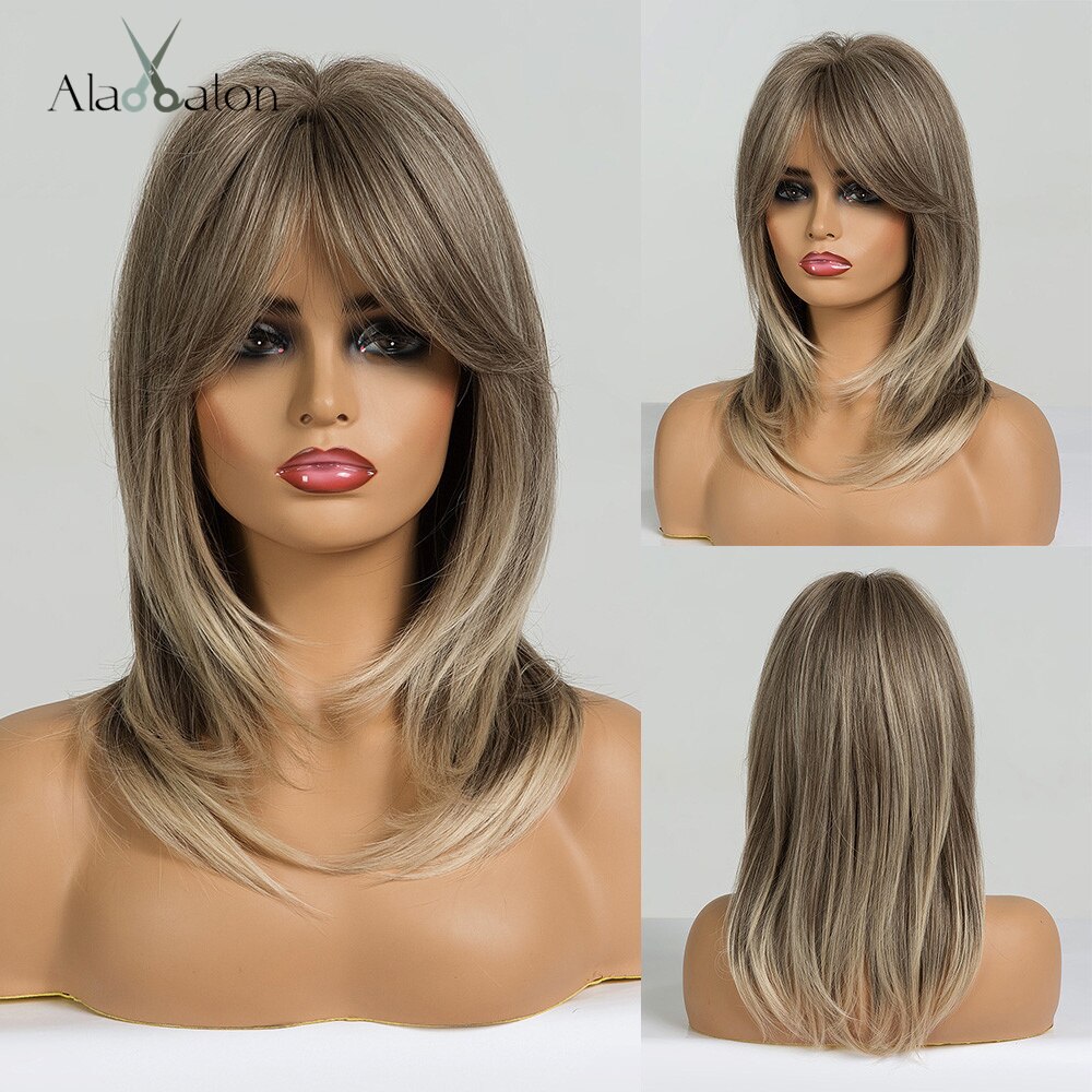 ALAN EATON Short Straight Ombre Black Brown Synthetic Wigs with Bangs for Women Bob Wig Heat Resistant Lolita Cosplay wig 12inc: lc242-4