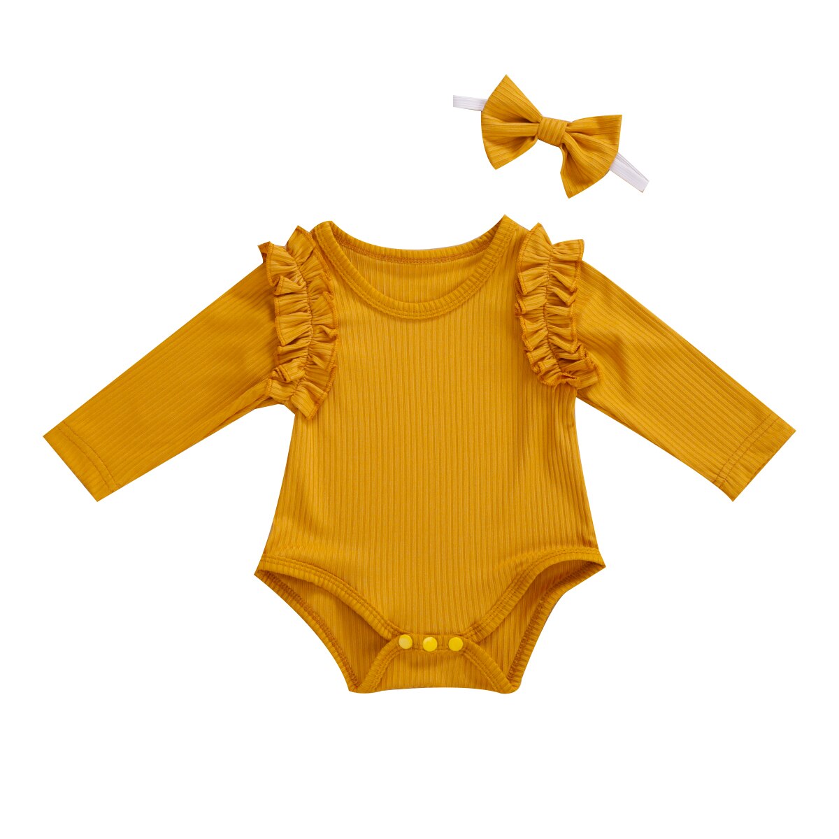 Focusnorm Herfst Baby Meisjes Jongens Bodysuits Hoofdband Ruches Lange Mouwen Knit Solid Jumpsuits 2 Stuks 5 Kleuren: YELLOW / 12m