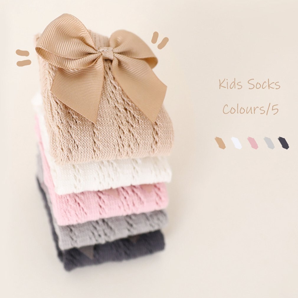 Peúgas infantis com arco crianças verão meninas joelho longo meias altas algodão macio oco para fora crianças malha princesa meias para 0-2 anos