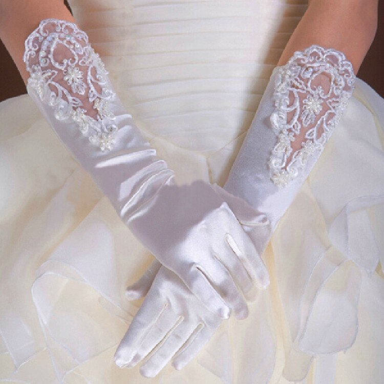 Guantes largos de 38cm con cuentas para mujer, traje de baile de dama de honor, boda, , de encaje,