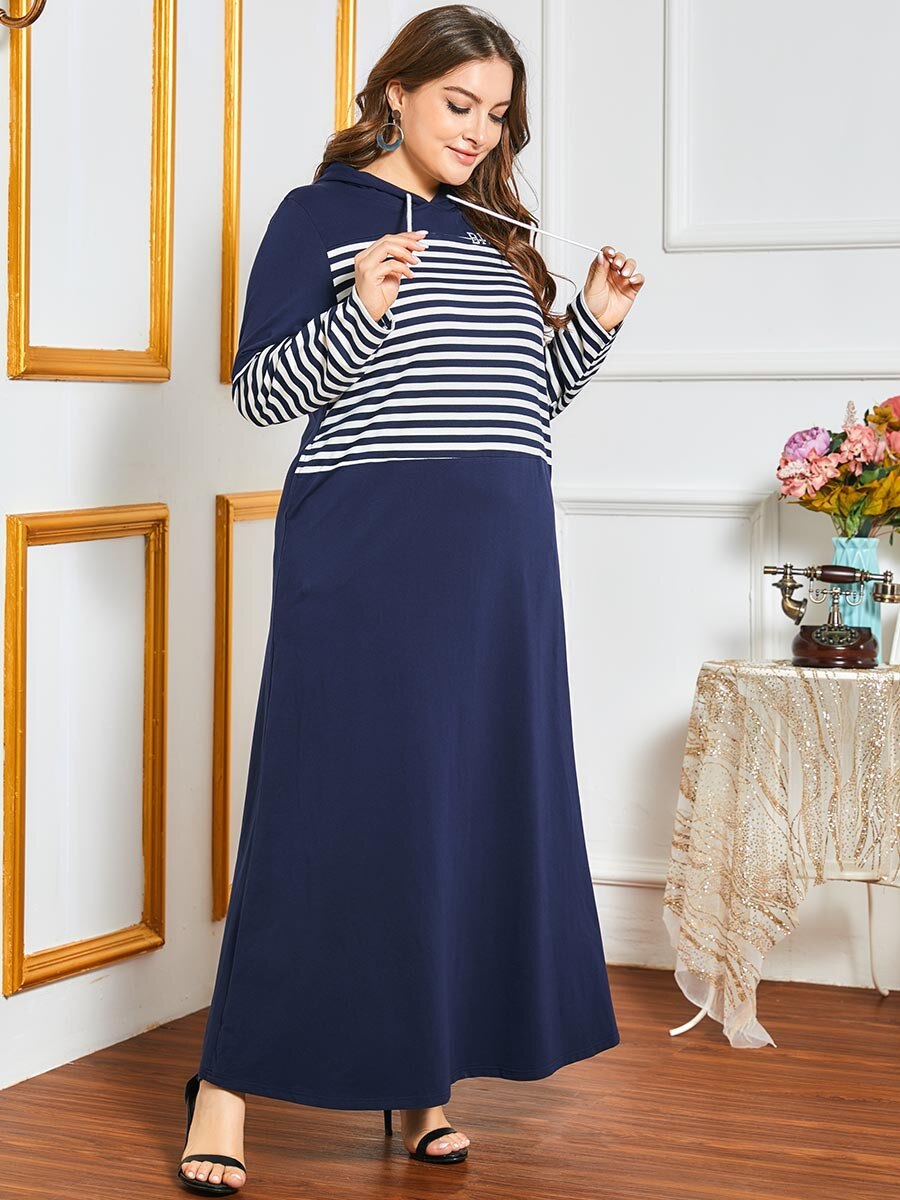 Robe longue à capuche pour femme, manches longues, rayures, imprimé contrasté, poches, ample, grande taille, style arabe, collection automne hiver