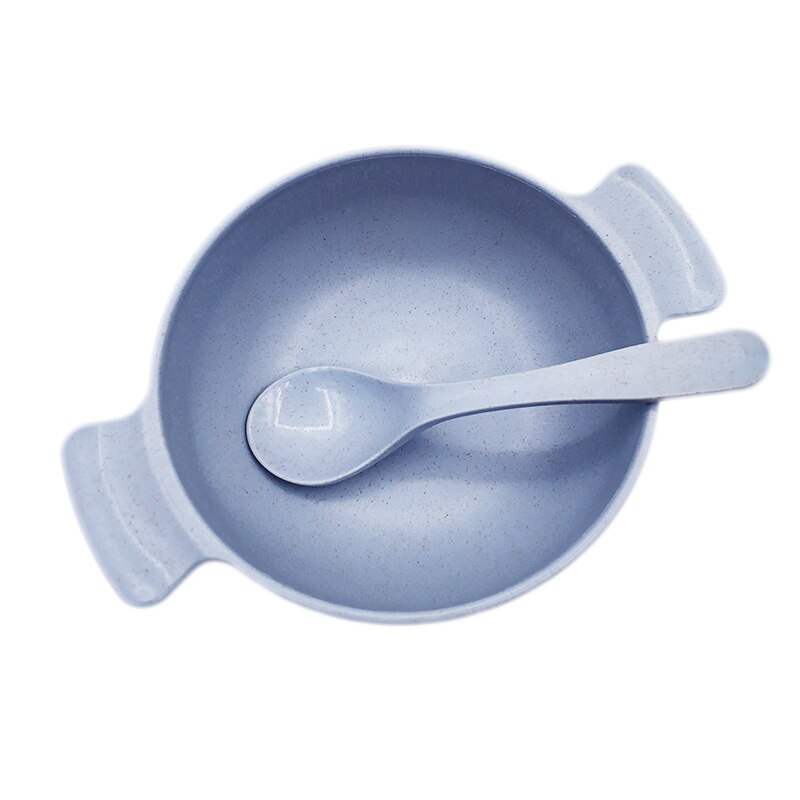2pcs Baby Feeding Tableware Set Eco-Friendly Wheat Straw Infant Plate Children Dish Dinnerware Kids Anti Training Bowl+Spoon: Blue Set