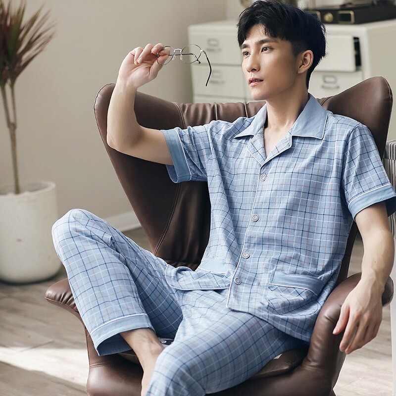 Pijamas de verano para hombre de manga corta con botones, conjunto de Pijamas de algodón para hombre, Conjunto de pijama a cuadros, Conjunto de pijama , trajes de pijama para hombres