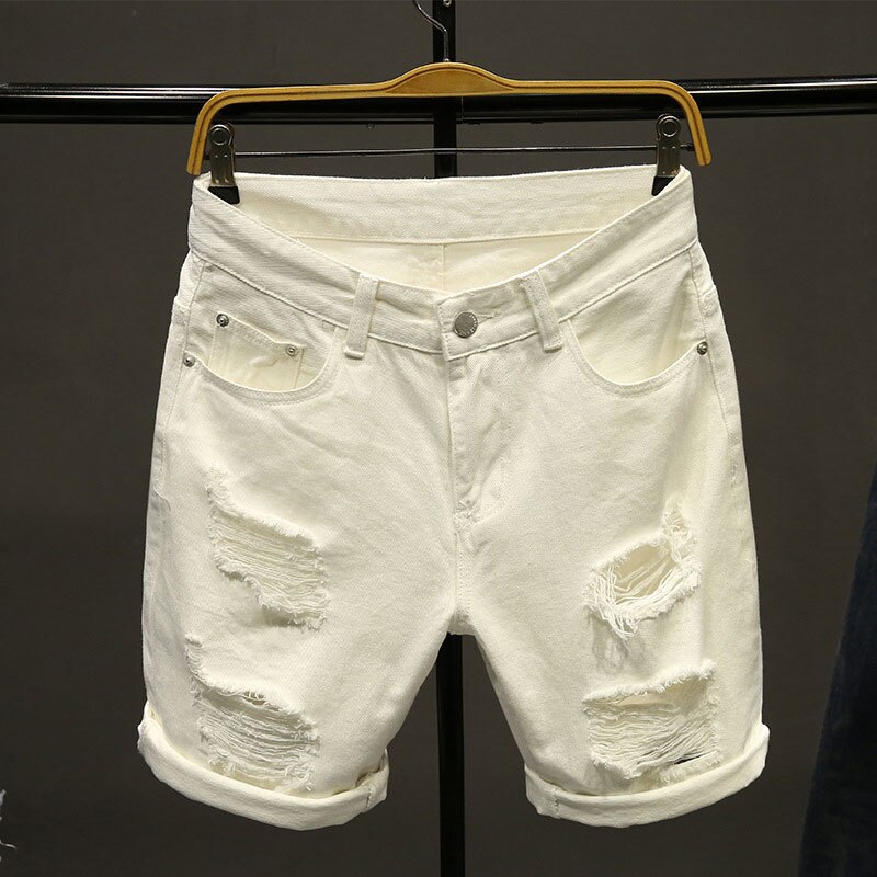 Lige jean korte mænd sommer hvid revet løs hip hop huller mandlige ensfarvet afslappet strand denim shorts midt i taljen