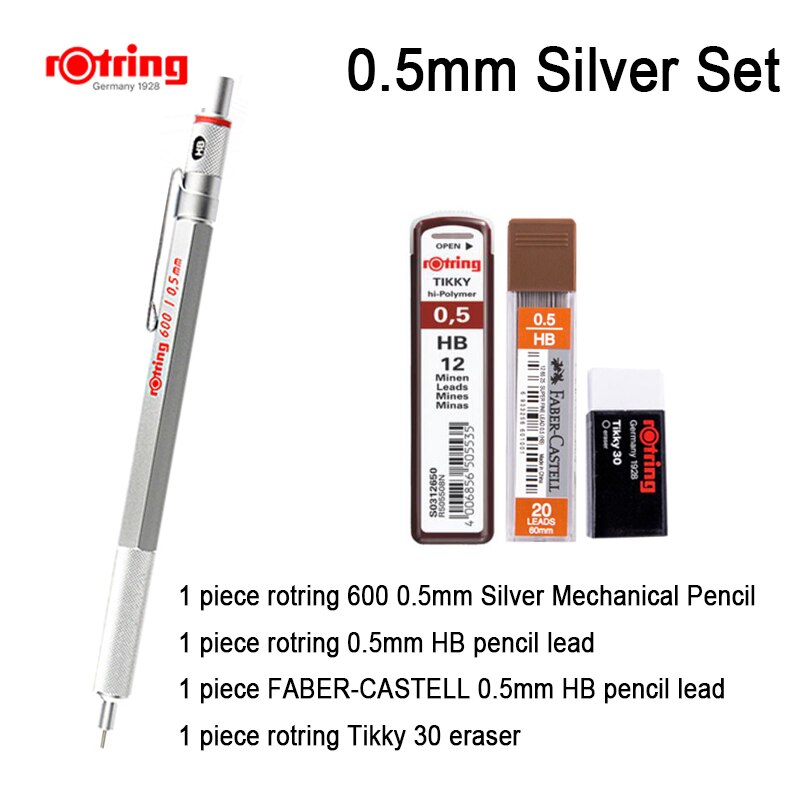 Rotring 600 0.5mm/0.7mm mekanisk blyant sort/sølvmetal automatisk blyant 1 stk: 0.5mm sølv sæt