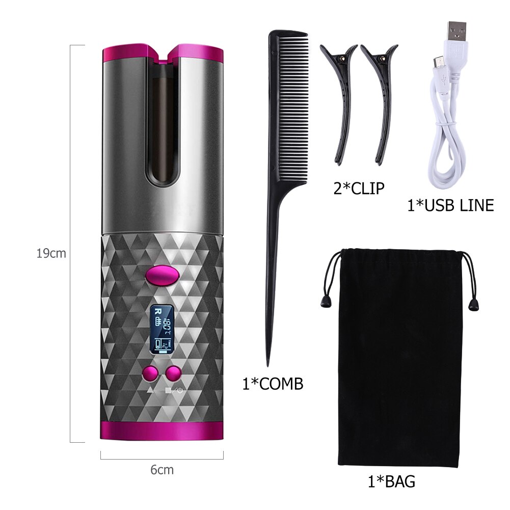 Auto Ceramic Wireless Curling Iron Hair Waver Tongs Beach Waves Iron Curling Wand Air Curler USB Cordless Automatic Hair Curler: Black