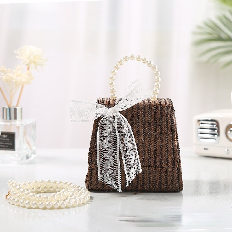 Kids Portemonnees En Handtassen Mini Crossbody Leuke Meisje Stro Coin Pouch Baby Meisjes Rotan Kant Boog Hand tassen Tote: dark brown