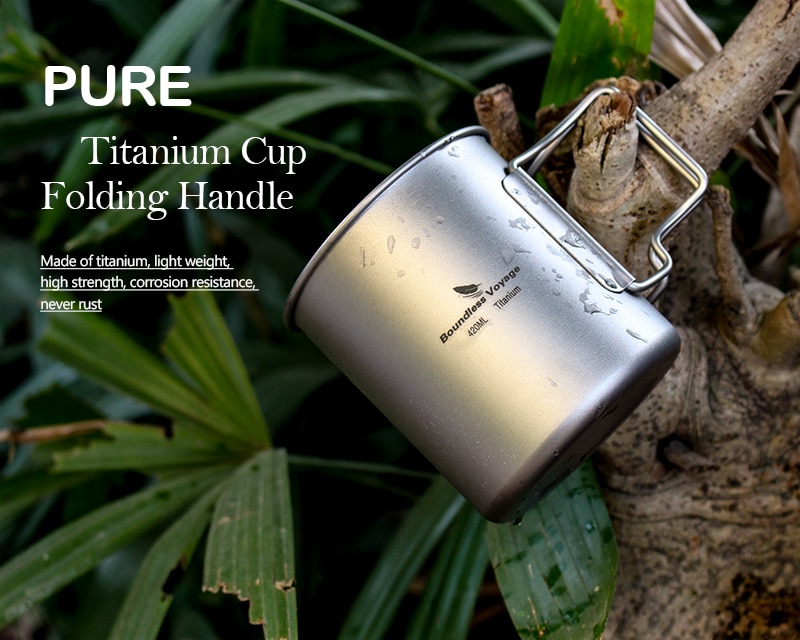 Grenzeloze Voyage Titanium Cup met Deksel en Voorkomen Slip Vouwen Handvat Outdoor Camping Water Mok Servies alleen 86g 14.3 oz/420 ml