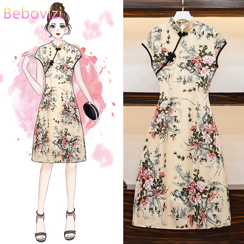 Grote Plus Size M-4XL Vintage Chinese Slanke Jurk Qipao Casual Party Vrouwen A-lijn Jurk Korte Mouw Zomer Cheongsam Jurken