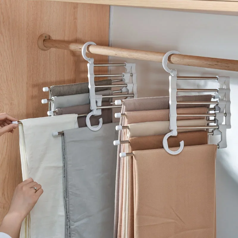 Appendiabiti per pantaloni magici 5 in 1 Appendiabiti pieghevole per pantaloni in acciaio inossidabile Scaffali per appendiabiti per camera da letto Organizzatore per armadio