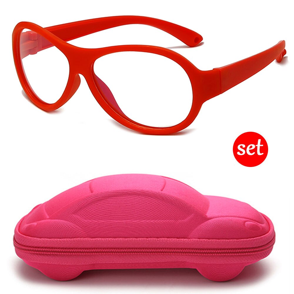 Longkeeper anti blåt lys børnebriller med bilformet brilleetui børn fleksibelt optisk stel eyeware dreng pige briller: Rød-pinkcase
