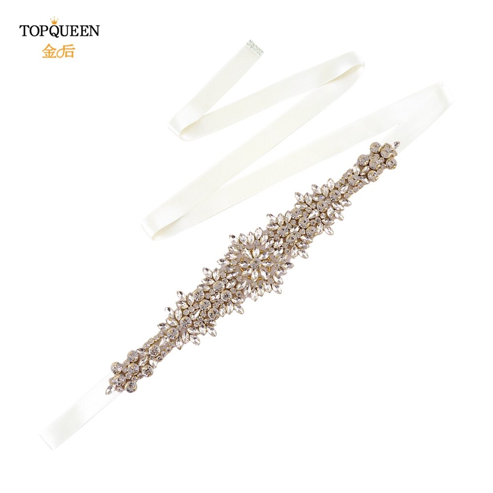 TOPQUEEN-cinturones para vestidos de novia de talla grande S319-G, cinturones dorados para mujer, cinturón de diamantes de imitación, cinta de lujo para novia, faja de boda: off white ribbon