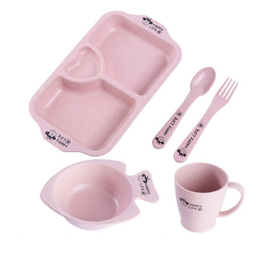 5Pcs Child Tableware Wheat Straw Sange Snack Tray with Spoon Fork Cup Skid Platter Tableware Baby Eating Supplies Beautiful Tray: Pink Heart 3Grid Set