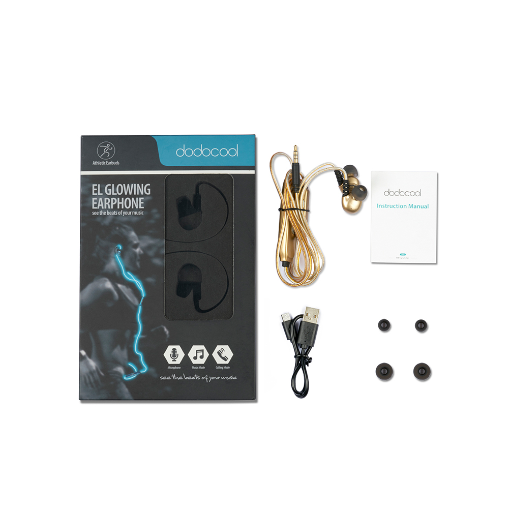 dodocool Luminous Earphone Blue Light EL Glowing Headset with Mic In-Ear Stereo Sport Headphones Noise Cancellation Sweatproof