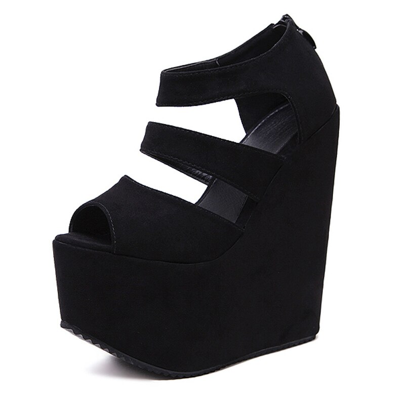 17cm høje hæle platform wedges sko til kvinder damer sorte højhælede sko sommernat fest dame højhælede sandaler
