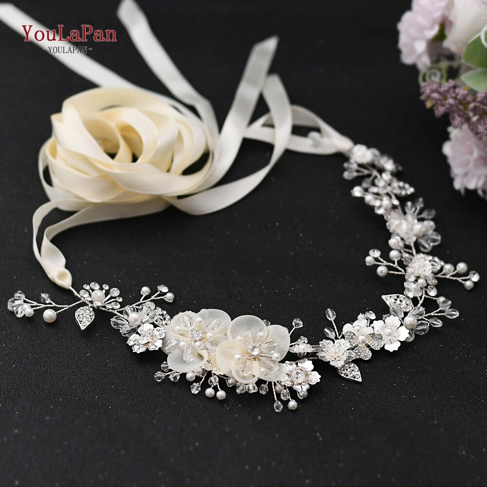 TOPQUEEN SH275 Rhinestone Belt Western Belts Women Decorative Dress Belts Silver Alloy Leaf Bridal Belts Belts: Ivory ribbon
