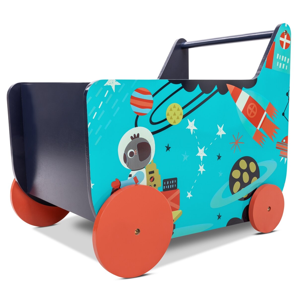 Andador bebe madera azul carrito infantil con espacio almacenaje para juguetes