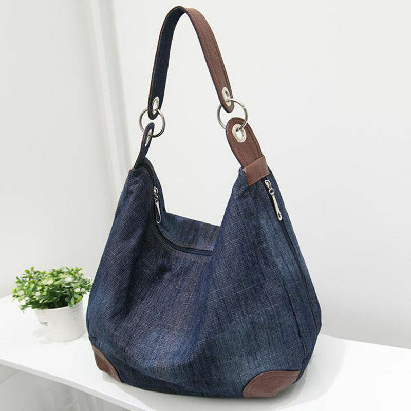 Bolso de mano vaquero de lona de gran capacidad para mujer, bolsa de compras de un hombro, , versión coreana, , Color sólido informal,